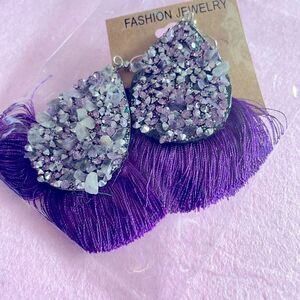 Purple Rhinestone Druzy Tassel Earrings 2” Long NEW IN BOX